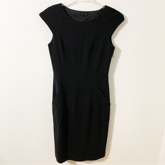 Theory Midi Length Cap Sleeved Wool Blend Little Black Dress Rounded Neckline - Picture 1 of 7